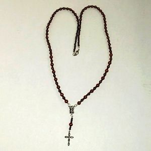 Fashion Jewelry Rosary Beaded Strand Necklace Brown and Silvertone 18"
